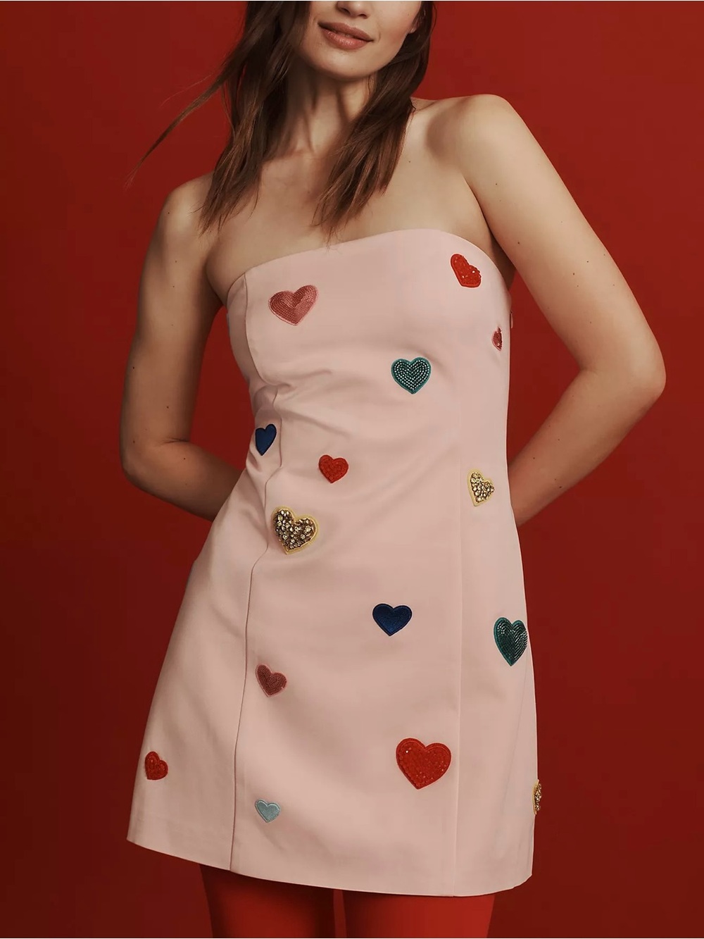 Anthropologie Mare Mare Heart Embellished Strapless Mini Dress Pink Size M